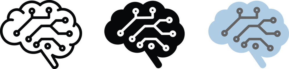 Artificial intelligence brain icon set with circuit board lines for technology and machine learning