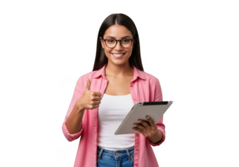 Young woman wearing glasses holding a tablet and giving a thumbs up gesture isolated on transparent background