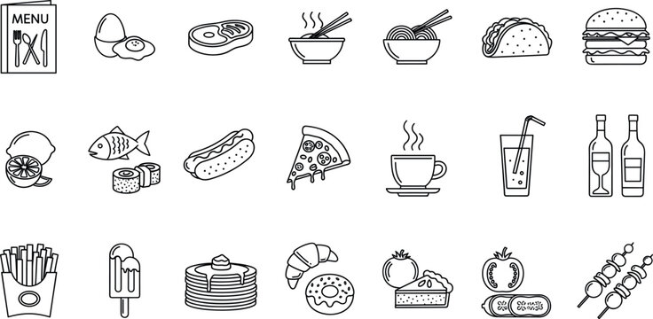 A hand-drawn vector icon set featuring popular food and drink items in a blue doodle style, including burgers, pizza, tacos, coffee, wine, and desserts, suitable for restaurant menus and apps.