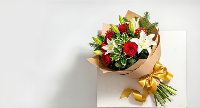 Beautiful bouquet of red roses, white lilies, and green foliage wrapped in brown paper with a golden ribbon, perfect for Valentine's Day celebrations and romantic gestures