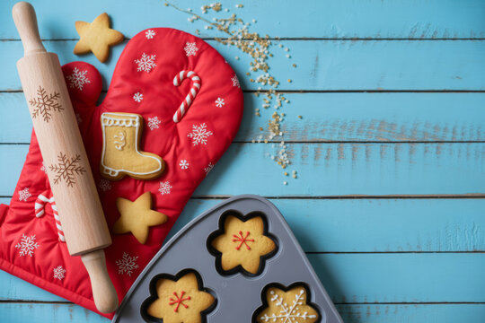 Christmas baking scene with gingerbread cookies rolling pin and oven mitt on a blue wooden surface festive holiday preparation
