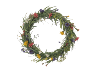Beautiful spring floral wreath made of green foliage and colorful small wildflower bloom isolated on transparent background