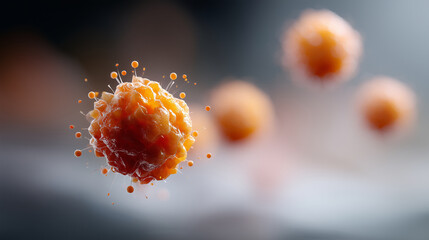 A hyper-realistic microscopic biological scene showing a dense cluster of spherical viral particles floating in a soft, glowing environment. Each particle is depicted in extreme cl