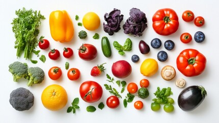 The variety of fresh vegetables and fruits against a white background showcases the richness of natural colours, which is ideal for the main background in culinary blogs 