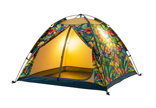 Colorful floral print camping tent with yellow interior and dome shape design, isolated on a transparent background - Powered by Adobe