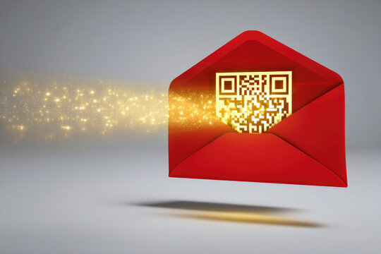 Red envelope with glowing qr code and sparkling golden light, ang pao concept for digital gift or festive greeting, modern technology and celebration, isolated on gray background