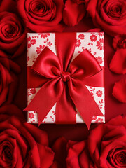 A gift box with a large red fabric ribbon bow, surrounded by red roses