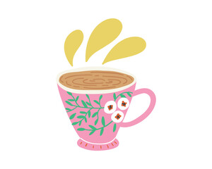 A hand-drawn cartoon cup of tea. Hot drink, food, breakfast.