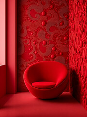 A red room with intricate textured wallpaper, paisley patterns and a  modern round red chair