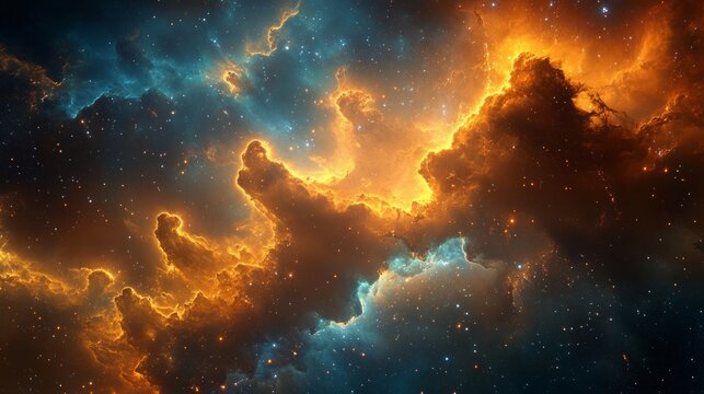 Bright cosmic clouds and stellar flares form an enigmatic nebula filled with mystery — an excellent backdrop for scientific presentations or science fiction projects.