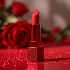 A red lipstick with a red cap and red glittery square base, standing upright on a red glittery surface