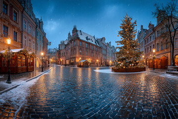 Fototapeta premium Night city square with Christmas tree