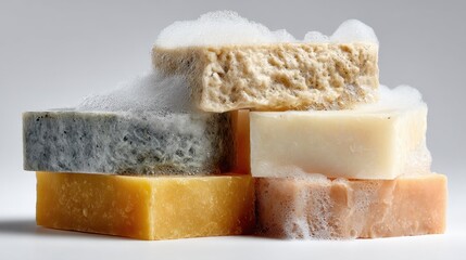Handmade soap bars with bubbles