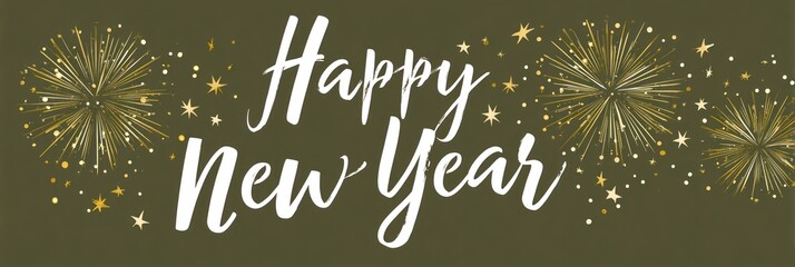 Happy new year greeting with golden fireworks and sparkling stars