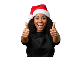 Joyful young woman wearing a festive red santa hat giving two thumbs up gesture isolated on transparent background