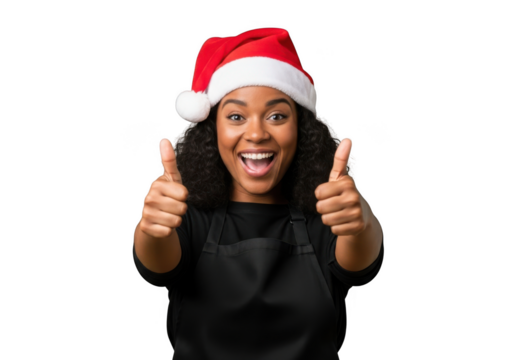 Joyful young woman wearing a festive red santa hat giving two thumbs up gesture isolated on transparent background