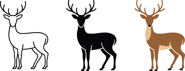 Wild deer icon set showing outline silhouette and flat color design variations simple vector illustration