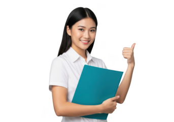 Young asian woman wearing a white uniform holding a teal folder and giving a thumbs up gesture isolated on transparent background