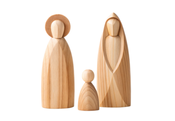 Three wooden figures with hat and veil representing nativity scene, isolated on a transparent background