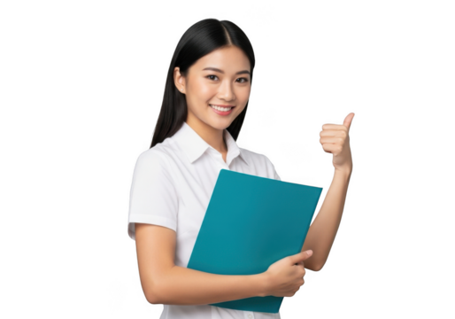 Young asian woman wearing a white uniform holding a teal folder and giving a thumbs up gesture isolated on transparent background
