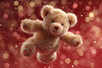 Fototapeta premium Cute teddy bear floating in the air with bokeh lights in the background