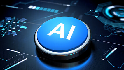 Futuristic blue button with ai text glowing on a dark technological background with circuit board patterns and digital interfaces