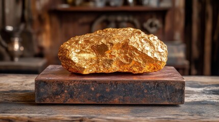 A gold bar on a stone pedestal symbolises wealth and stability, ideal as an atmospheric backdrop for financial presentations.