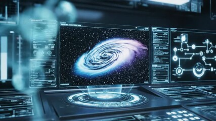 A futuristic control panel features glowing screens displaying data and a molecular structure - Powered by Adobe