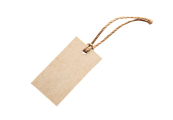Blank kraft paper tag with natural twine string, isolated on a transparent background