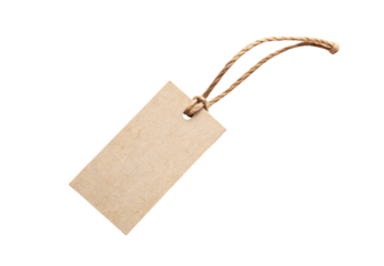 Blank kraft paper tag with natural twine string, isolated on a transparent background