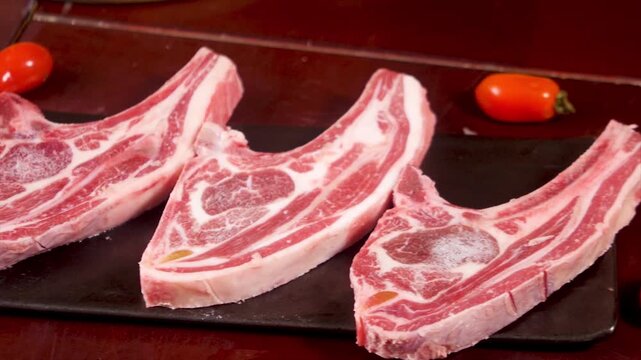Raw Pork Shoulder Chops in Row with Tomatoes - New Zealand Premium Meat Cuts on Slate Board