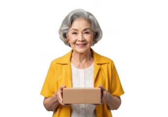 Smiling elderly asian woman with grey hair wearing a yellow shirt holding a small brown package isolated on transparent background