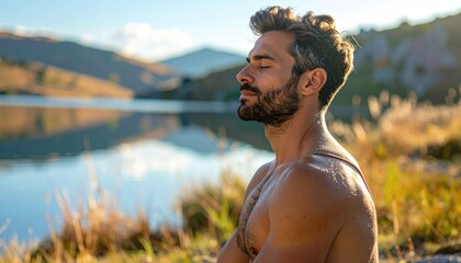 Man Meditating Outdoors by a Lake at Sunrise Golden Hour Sunlight Highlights Water Droplets on Skin Calm Serene Nature Landscape Peaceful Atmosphere