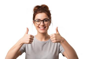 Smiling young woman with glasses giving two thumbs up gesture isolated on transparent background