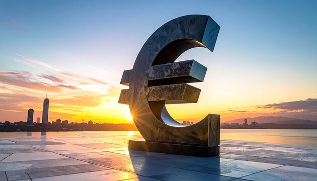 Large Textured Euro Symbol Sculpture Reflects Golden Sunset Sky Over City Skyline and Calm Water at Dusk