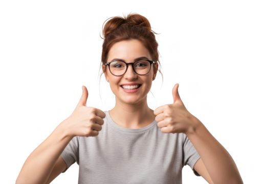 Smiling young woman with glasses giving two thumbs up gesture isolated on transparent background