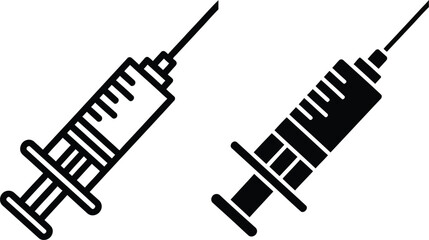 Two vactor black and white syringe icons one outlined one solid medical injection