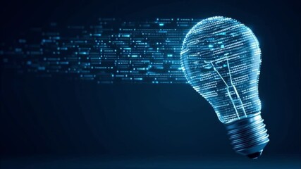 A glowing lightbulb shatters into digital particles showcasing innovation inspiration and modern technology against a dark blue backdrop - Powered by Adobe