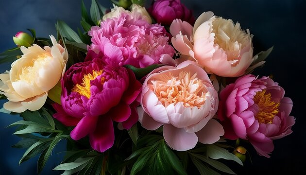 richly colored peonies create an elegant bouquet against dark ba