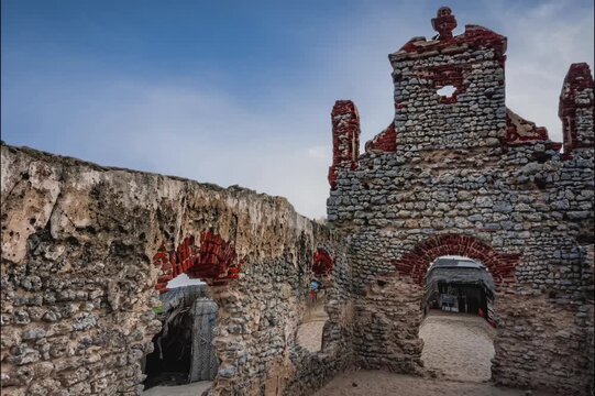 Old Roman Catholic church at Dhanushkodi south-eastern tip of Pamban Island, Tamil Nadu State, India. Dhanushkodi is an abandoned town. because it was destroyed during the Rameswaram cyclone in 1964.