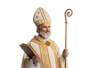 Bishop in ornate vestments holding crosier and book, isolated on a transparent background