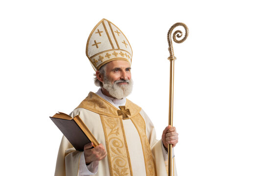 Bishop in ornate vestments holding crosier and book, isolated on a transparent background