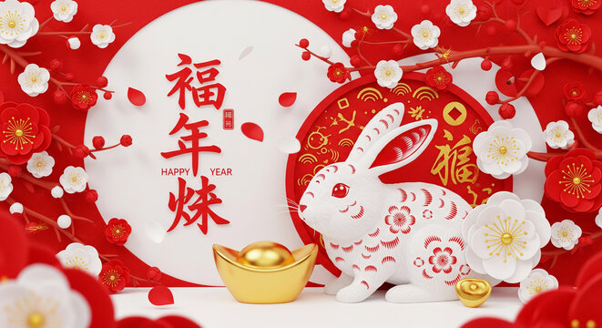 Lunar new year celebration with rabbit and decorations