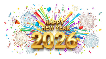 Festive Happy New Year 2026 Celebration with Confetti and Fireworks