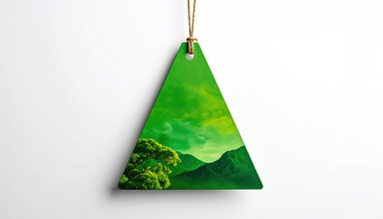 Green triangular ornament painted with a vibrant mountain landscape scene.