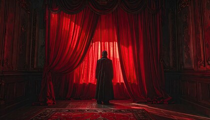 Man Standing Silhouetted Before Red Curtains Illuminated by a Warm Golden Light Creating a Dramatic and Opulent Scene