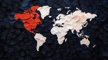 An abstract world map rendered in textured paint, with continents in contrasting colors against a dark background.
