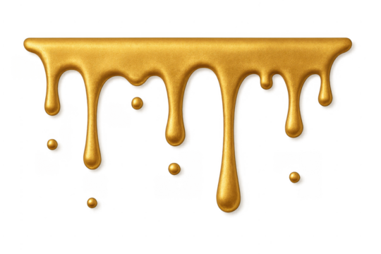 Gold liquid dripping paint flowing on transparent background