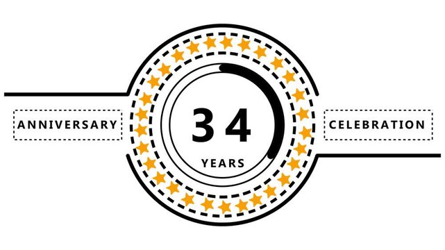 Thirty-four year anniversary celebration graphic with stars and text years