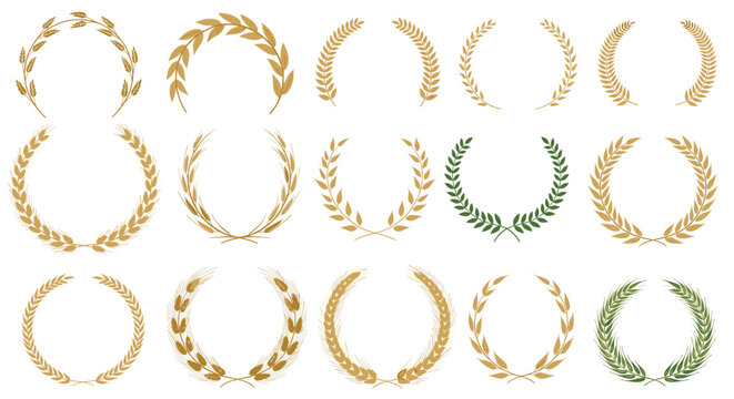 A diverse collection of laurel and wheat wreaths in various styles and colors, perfect for awards, logos, and elegant design elements.